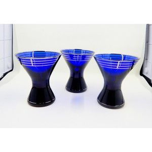 Cobalt Blue Silver Stripe Art Deco Snifter Cordial Shot Glasses Set Of 3